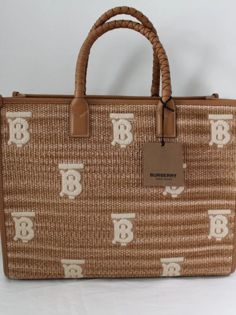 NWT Burberry Freya Raffia Natural Logo Large Tote Shoulder Bag Shopper